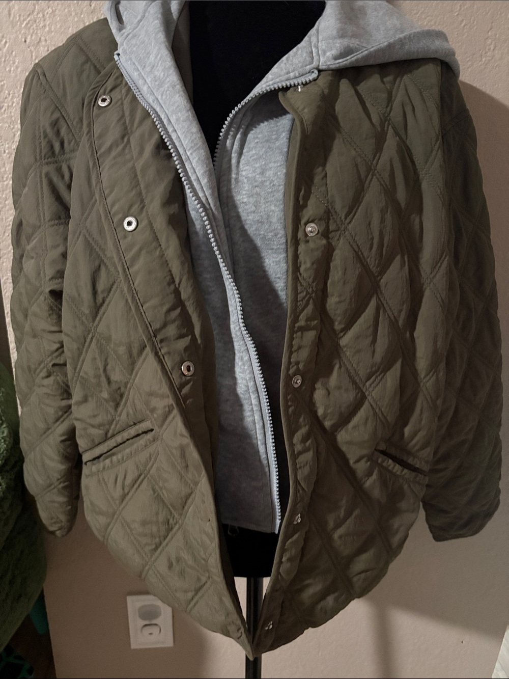 Ci Sono Quilted Olive Green Jacket with Gray Hooded Layer
